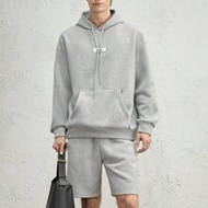 2pcs Men's Loose Fit Drop Shoulder Hoodie And Shorts Set With Leather Patch, Gray, For Fall Winter