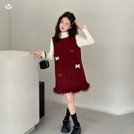 Girls' 22 Winter Starry Sky Bright Sprinkled Silver Red Woolen Skirt Two-Piece Suit Big Girls New Ye