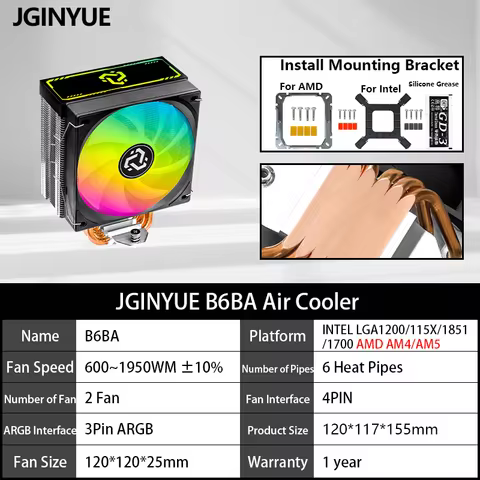JGINYUE B6BA 6 Heat-Pipe CPU Air Cooler ARGB PWM TDP 150W CPU for Intel® LGA1700/115X AMD® AM4 AM5 S