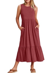 Women Summer Casual Sleeveless Crewneck Sundress Aline Flowy Tiered Maxi Long Beach Dress Vacation O