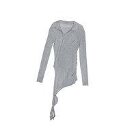 1JINN STUDIO Deconstructed Buckle Tie Polo Shirt Womens Asymmetrical Slimming Top Long Sleeve Regula