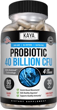 Kaya Naturals Probiotic 40 Billion CFU | Probiotics for Women, Probiotics for Men and Adults, Natural | Gut Health &amp; Immune Support Supplement | Provides Digestive Support | 60 Vegetable Capsules 60 Count (Pack of 1)