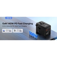 VintAR Universal Travel Adapter, 140W GaN Fast Charger Suitable for EU UK US AU | 2 AC Sockets, 3 US