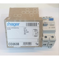 Hager CD263B/CE263B/CF263B,  63A 2 Pole  30mA/100MA/300MA Current Circuit Breaker Device RCCB