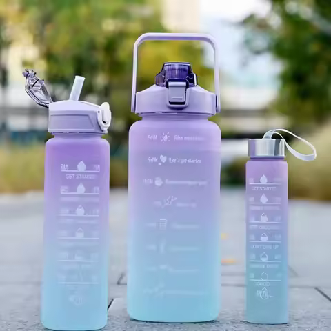3 Pieces 2000ML/750ML/280ML Water Bottle Large Capacity Portable Portable Straw Cups Plastic with Ti