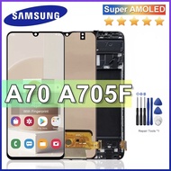 "Super AMOLED สำหรับ Samsung Galaxy A70จอแสดงผลหน้าจอสัมผัสสำหรับ Galaxy A70 A705F A705FN จอแสดงผล LCD เปลี่ยนลายนิ้วมือ(ไม่พร้อมโครง)