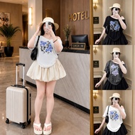 Set 2 Piece women's off-the-shoulder t-shirt with butterfly print and cute flared skirt, cute loose 