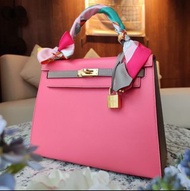 Hermes Kelly 25 HSS/ Rose Azalee 8W/Gris Asphalt M8/ Epsom/ Gold Hardware