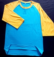 kaos raglan couple  biru turkis kombinasi kuning lengan pendek dan 3/4 ukuran anak dewasa dan jumbo