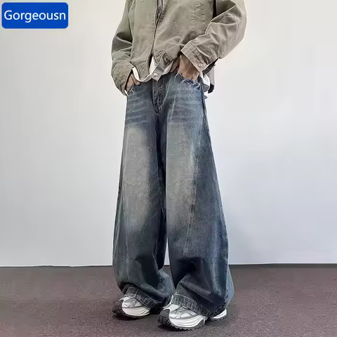 Summer Solid Color Distressed Baggy Curve Jeans Men's Y2K Streetwear Straight-Leg Denim Trousers Cas