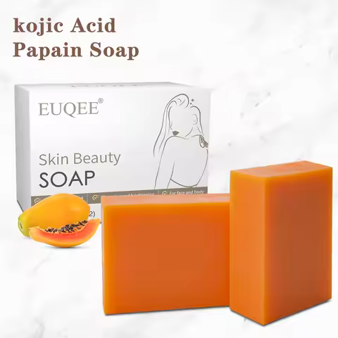 EUQEE 145G x 2 Bars Kojic Acid Papain Handmade Soap With Foaming net - Reduces Dark Spots, Hyperpigm