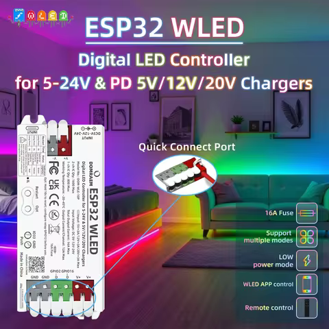 DOMRAEM ESP32 WLED Controller - Dual PSU (PD & 5-24V DC), 16A Fuse. Supports WS2812B WS2805 SK6812 A