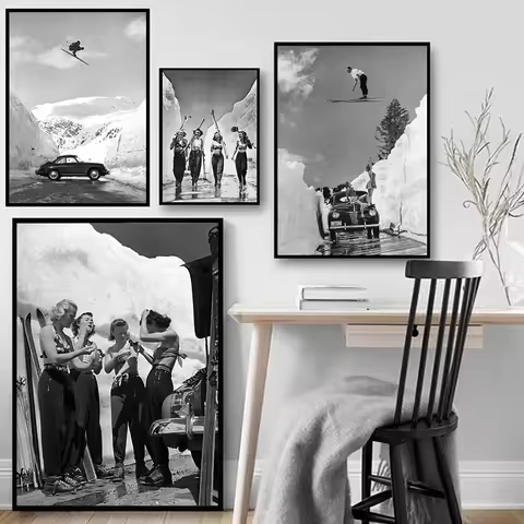 Vintage Ski Photo Print Road Gap Skier Jumps Girls Car Canvas Painting Winter Sports Skiing Wall Art