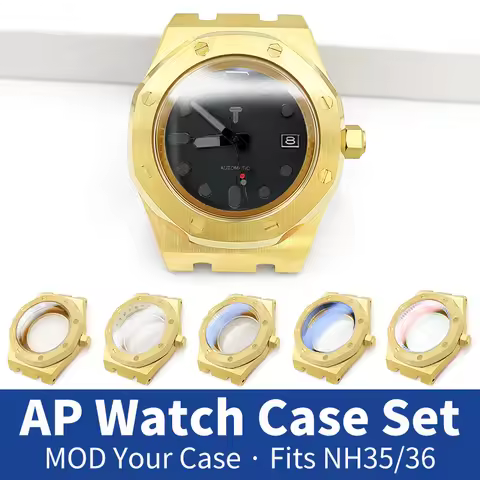 AP Gold Watch Case Set MOD Fits NH35 4R36 Stainless Steel Movement Shiny/Brushed With Sapphire Cryst