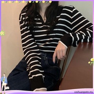 Msia Ready Stock🔥T2308 Korean Collar Striped Knitted Shirt
