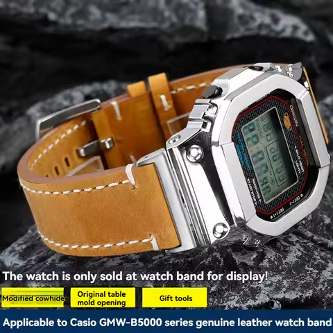 Genuine Leather Strap for CASIO G-SHOCK GMW-B5000 35th Anniversary Vintage Cowhide Band Gold/Silver 