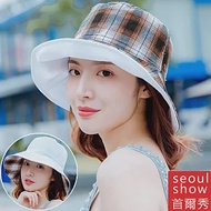 seoul show首爾秀 雙面戴格子漁夫帽四季防曬遮陽帽 白色格子