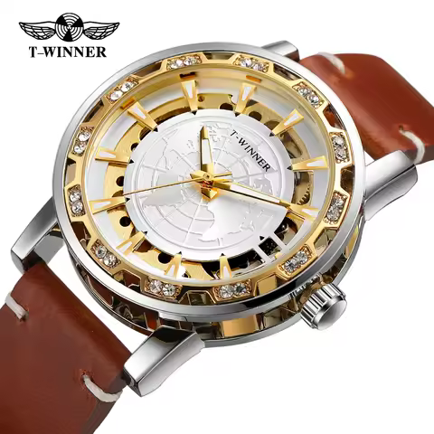 Winner Design World Map Transparent Skeleton Mechanical Watch for Men Fashion Diamond Luminous Luxur
