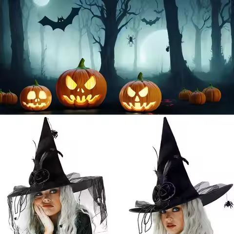 Black Spider Halloween Witch Hat Comfort Knit Pleated Wizard Hat With Black Veil Flower Feather Witc