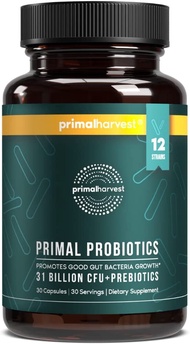 Primal Harvest PREbiotics and PRObiotics for Women &amp; Men, Primal Probiotics 30 Oral Probiotics Capsules for Gut Health, 12 Dynamic Strains Probiotics for Women Unflavored