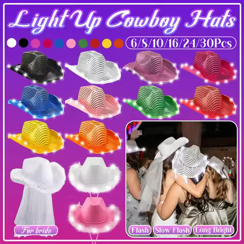 6-24Pcs LED Cowboy Hats Wedding Hats Bulk Light up Cowboy Hats Party Hats Wedding Party Favor For Gu