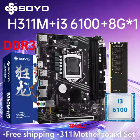 SOYO LGA1151 H311M Motherboard Game i3 6100 CPU 8G RAM Memory TPM2.0 Computer Combo Set Office Deskt