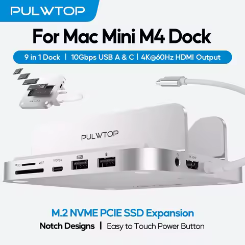 PULWTOP 9 in 1 Mac mini M4 Dock with HDMI 4K@60Hz & 4TB M.2 SSD Enclosure, USB-A/C 10Gbps, 3.5mm Aud