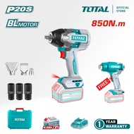 TOTAL Tools Cordless Impact Wrench + Battery + Charger + Sockets (20V / 300-1350Nm / 1/2" / Brushles