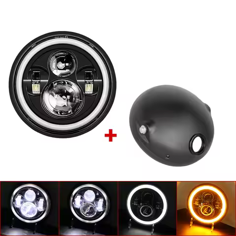 7.5'' Motorcycle Headlight Cafe Racer 7.5 Inch Universal Cafe Racer Round Motorcycle LED Head Lamp H