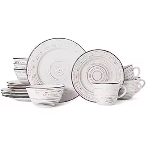 16-Piece Stoneware Dinnerware Set for 4, Distressed White Finish, Microwave & Dishwasher Safe Plates
