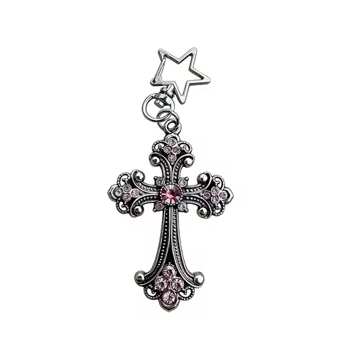 Y2K silver pink diamond cross keychain handmade