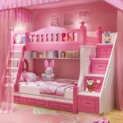 Children's Bunk Bed, Girls' Princess Bed, pink High and Low Bunk Bed, Mother Bed with Slide, Multifu