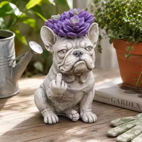 Resin French Bulldog Planter Grumpy Dog Flower Pot Cute Animal Sculpture Indoor Outdoor Garden Home 