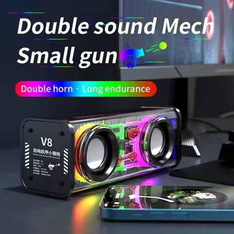 Bluetooth 5.0 Dual Speakers Transparent Mecha Speakers Wireless RGB Light Effect Loudspeaker Bass Su