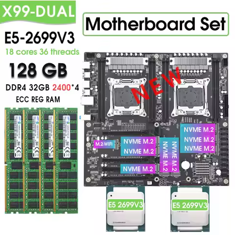 X99 Dual Motherboard Set combo kit with XEON E5 2699 V3*2 and 4*32GB=128GB 2400MHz DDR4 ECC REG Memo