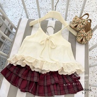SN155 Set áo 2 dây bèo ren phối chân váy tầng kẻ sọc cho bé gái