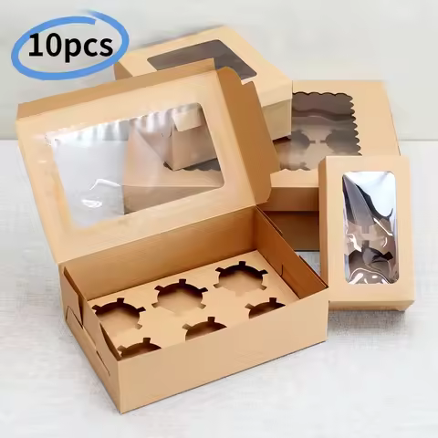 10Pcs Kraft Paper Cupcake Packing Box with Window Cardboard Cake Muffin Cookies Candy Box Wedding Pa