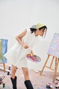 DOTTIE - Đầm sơ mi độn vai nữ DOTTIE trắng - D0058