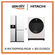 Hitachi R-MX700PMS0-MGW Side-by-side Refrigerator (569L) + Hitachi BD-D100GV Front Load Washer Dryer Wind Iron, AI Wash