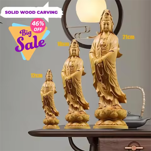 Natural Cypress Guanyin Buddha Decorative Characters Statue ,Solid Wood Art Carving Home Room Office