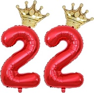 40 Inch Gold Crown Number 22 Balloons, 22th Birthday Balloons for Men Women, Red 22th Celebration De