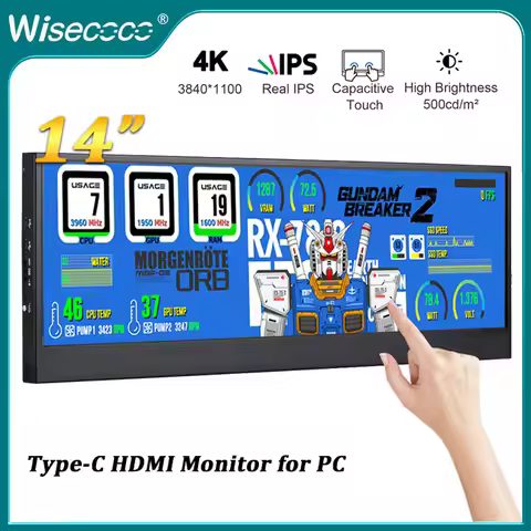 Wisecoco 14 Inch 3840x1100 4K Stretched Bar Monitor Touchscreen Ultrawide Sub Screen Second Display 