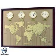 Seiko QXA722B World Map 4 Time Zones Dark Wooden Wall Clock