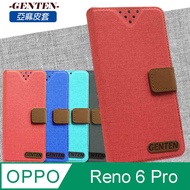 亞麻系列 OPPO Reno 6 Pro 插卡立架磁力手機皮套 藍色