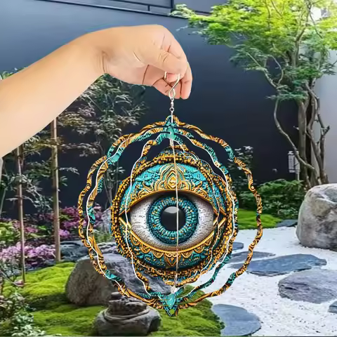 Vintage Egyptian Eye of Horus Pattern Metal 3D Spinning Wind Chime Featuring a 360° Infinite Rotatio