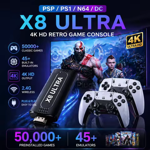 X8 Ultra 4K Retro Gaming Console, 50,000+ Games, Wireless Controller, Plug & Play, 45 Built-in Emula