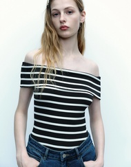 URBAN REVIVO Striped Sleeveless Off-Shoulder Knitted T-Shirt