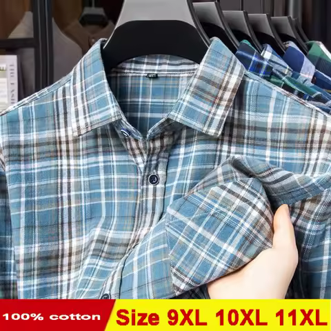 Oversize 11XL 10XL 9XL Plaid Flannel Shirts For Men Long Sleeve Cotton Fashion Casual Soft Standard-