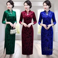 [Dsmyz] Cheongsam Long Sleeve Velvet Baju Tradisional Cina Ceongsam Dress for Women 5112
