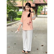 Đồ lam đi chùa nữ pháp phục lễ chùa chất vải Linen thêu chữ tâm phối hoa sen cao cấp Thiên Di D18